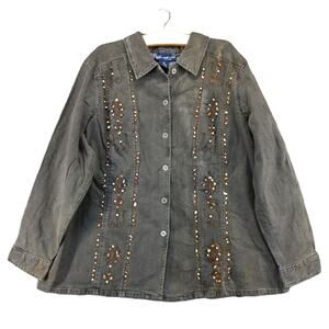 Susan Graver Style Womens Button Up Jacket Size 2X Gray Beaded / Pebbles